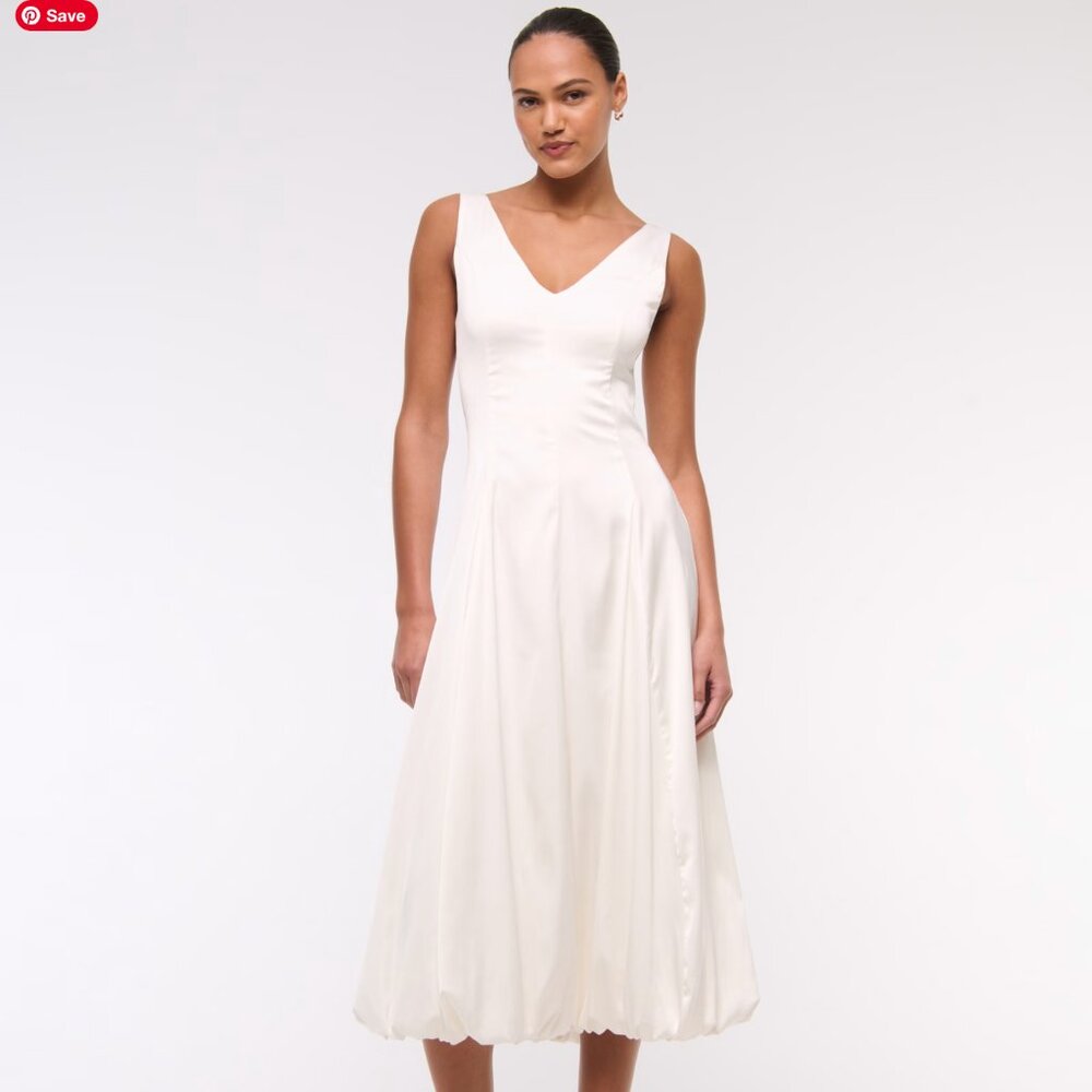 Abercrombie Plunge Bubble Hem Satin Midi Dress Pearl NWT Large
